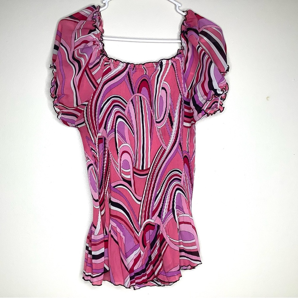 < Vintage Blue Diamond Pink Peplum Puff Sleeve Blouse >